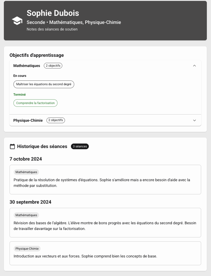 Vue parent – suivi élève