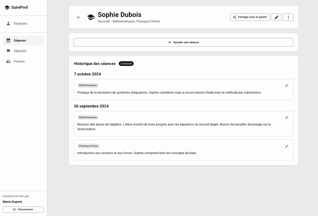 Vue prof – fiche élève SuiviProf